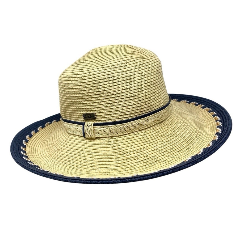 Sun N Sand Navy Blue & Tan Womens Tropical Paper Braid Hat UPF 50+ - Adjustable
